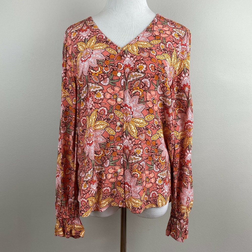 Ann Taylor LOFT Blouse Womens Small Floral Multicolor V-Neck Long Sleeve Topβ